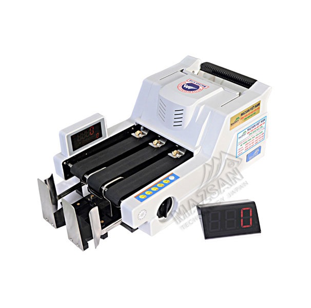 Máy đếm tiền Mazsan h155 xuống tiền nhanh ,có 2 càng xếp tiền gọn gàng sau khi đếm